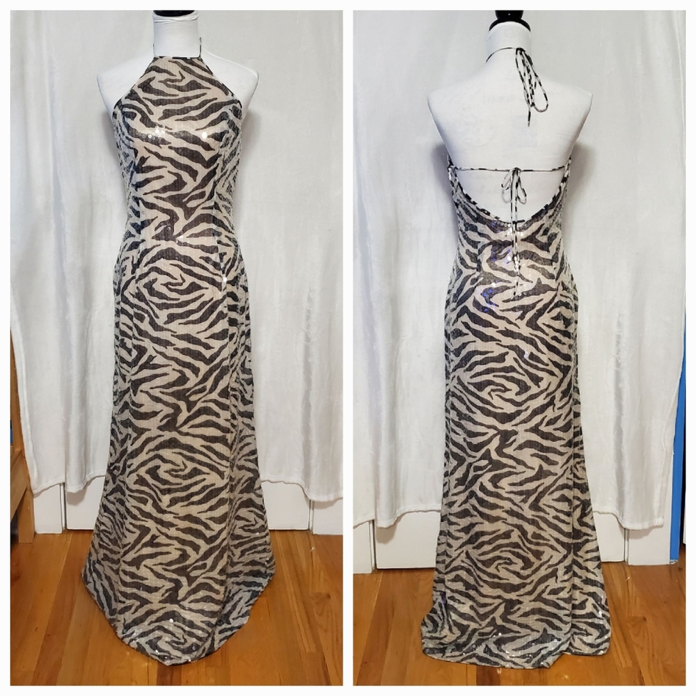 NWT Jovani Zebra Print Halter Ling Evening Dress Size 10